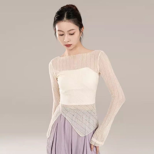 "White mesh long-sleeved classical dance costume for daily wear."