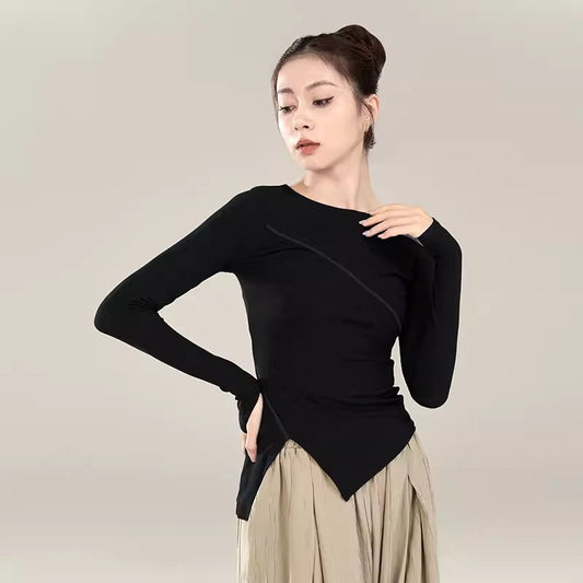 "Black long-sleeved classical dance attire for daily wear."