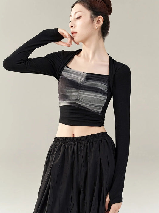 Black long-sleeved crop top with white stripes classical dance costume.