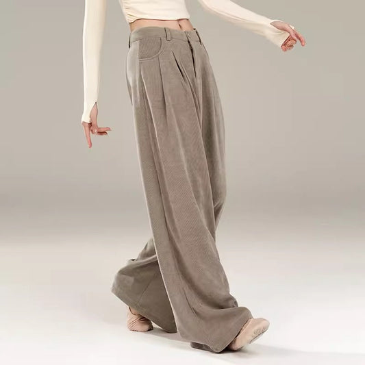 "Light gray loose-fitting classical dance trousers."